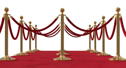 Golden stanchions and plush red velvet ropes create an elegant pathway on a red carpet for a vip event