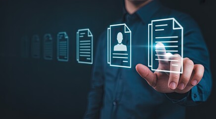 Professional selects digital document from futuristic interface for data management