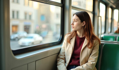 Young woman rides modern city tram looking out window. Female passenger travels by public transport, gazes at urban street scenes passing by. Commuter enjoys quiet journey on bus.
