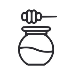 Honey jar illustration dark outline depicts a round jar partially filled a lid and a honey dipper resting on top