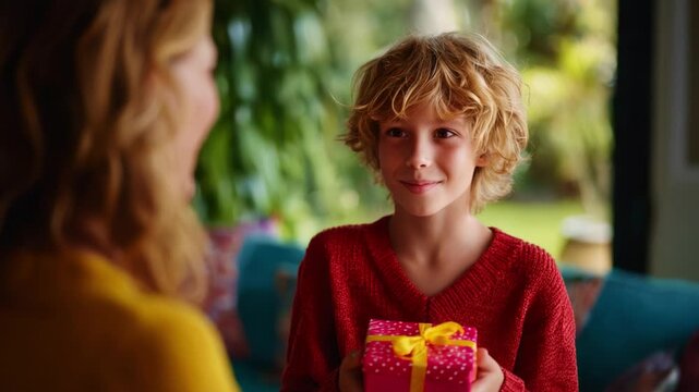 A Joyful Moment: A Young Boy Delights in Giving a Gift to a Loved One, Capturing the Essence of Surprise and Happiness in a Heartwarming Atmosphere