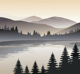 Landscape painting of mountains and lake with pine trees in foggy weather