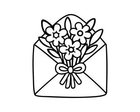 Black outline envelope filled with tulips and daisies and tied with ribbon bow, elegant romantic vector illustration for greeting card design, wedding decor, love note or floral gift concept