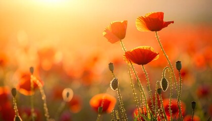 Field of red poppies glowing in golden sunrise light, vibrant and serene with depth and warmth.