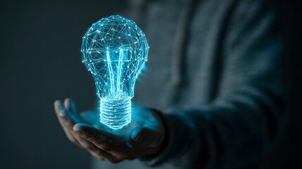 Illuminated digital concept of a light bulb hovers above cupped human hands