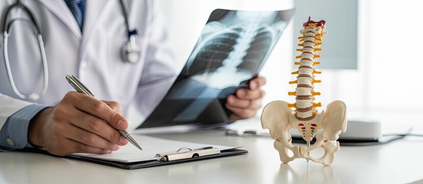 Doctor examines X-ray and spine model, signifying diagnosis and healthcare expertise