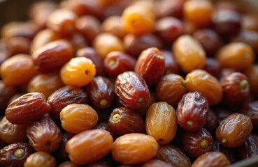 Pile of fresh dates in various ripeness stages. Sweet fruit ready for eating, healthy snack for quick energy. Organic produce from palm trees, great for diet. Natural sugars, delicious, nutritious.