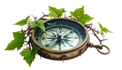 Antique compass amidst green leaves and thorny branches, set against a transparent background