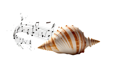 A close-up shot of a seashell on a solid black background with a flowing dark color behind