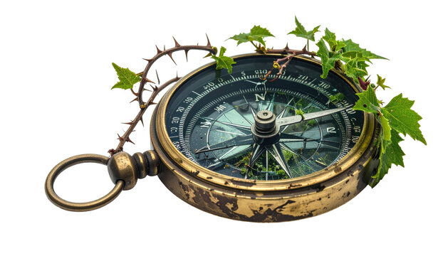 Antique compass embraced by thorny vine with verdant leaves on a stark black background
