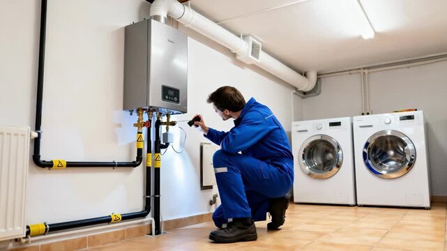 Skilled worker connects a gas water heater in a bright laundry room checking gas lines and ventilation for optimal performance and safety