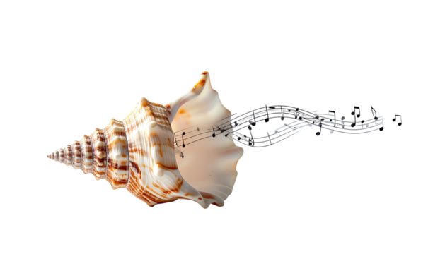 Composite image seashell emitting musical notes, on black background