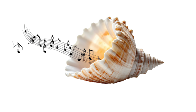 Seashell revealing musical notes spilling out, against a stark black background