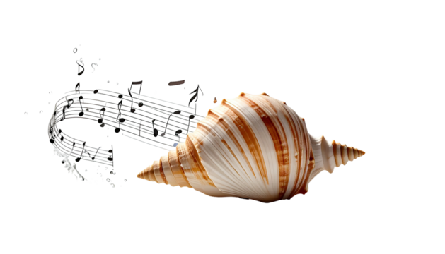A close-up shot of a seashell on a solid black background with a flowing dark color behind