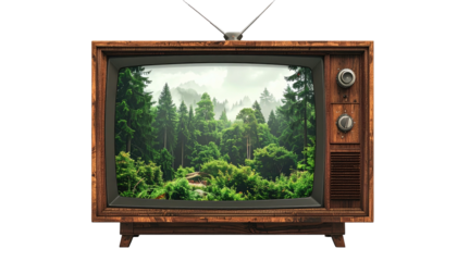 An old wooden television displaying a vibrant, lush forest scene