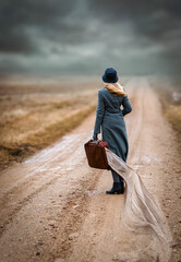 Woman Walking Alone Windy Dirt
