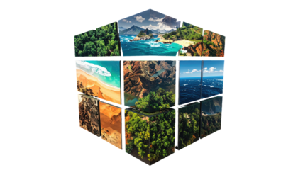 A cube composed of nature landscape photos, showcasing diverse environments