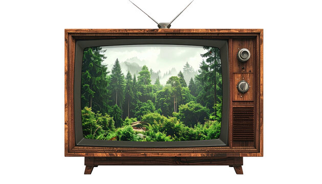 An old wooden television displaying a vibrant, lush forest scene