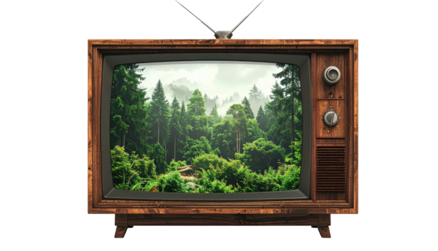 An old wooden television displaying a vibrant, lush forest scene