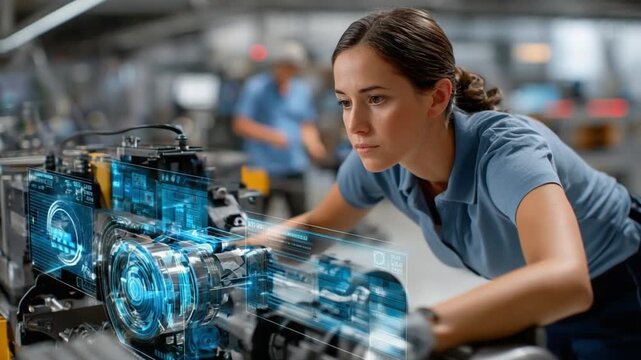 Precision Engineering: A focused female engineer, immersed in the complexities of a machine, ensures the precision of the manufacturing process, symbolizing innovation.