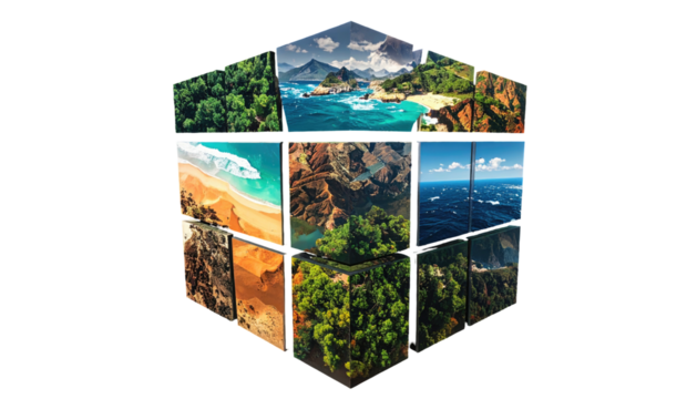 A cube composed of nature landscape photos, showcasing diverse environments - Powered by Adobe