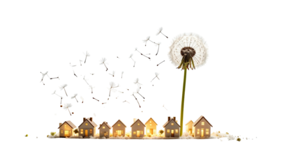 Whimsical image of dandelion seeds transforming into tiny illuminated houses on black background
