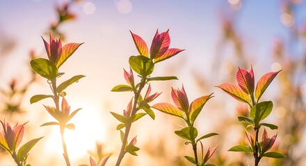 Aesthetic arrangement of natural spring branches, young foliage illuminated by soft sunlight