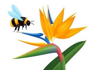 Cartoon drawing of a bumblebee hovering next to a colorful Bird of Paradise flower