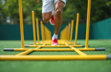 Sport player trains with yellow ladder. Athlete jumps, exercises leg muscles, improves speed. Fitness training for soccer on green field. Workout with speed ladder. Improves footwork and agility.