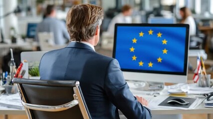 European Union Advocate: A focused professional, elegantly attired in a tailored suit, immerses himself in the digital landscape, the emblematic flag of the European Union radiating from his monitor - Powered by Adobe