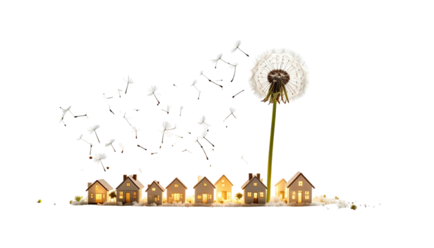 Whimsical image of dandelion seeds transforming into tiny illuminated houses on black background