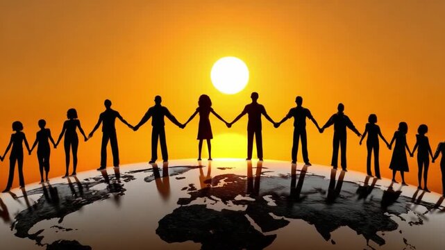 Global Unity and Collaboration: A silhouette of individuals holding hands around the globe with the sun setting, depicting the power of global unity, collaboration, and peace. 