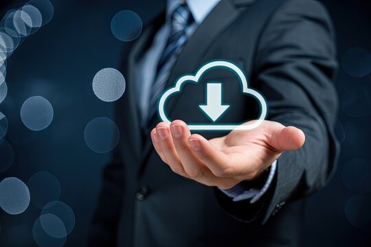 Businessman holds glowing cloud download icon, symbolizing data transfer and digital solutions