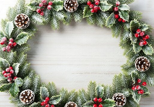 A beautiful christmas wreath with pine cones and red berries dusted with artificial snow isolated on white background - Powered by Adobe