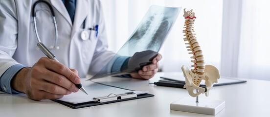 Doctor analyzes X-ray with spine model, documenting patient care in modern clinic