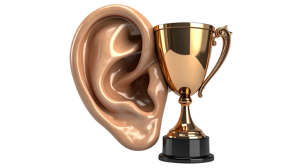 Surreal digital art showing a human ear leaning against a golden trophy