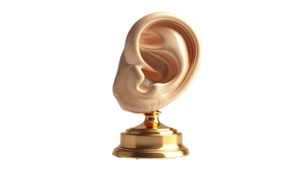 A sculpted ear trophy in gold tones against a black background