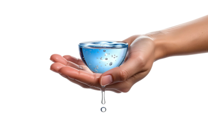 Digitally enhanced image shows a hand holding a bowl of clear water with a falling droplet