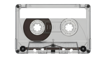 Vintage clear plastic audio cassette tape with spools and magnetic ribbon isolated on black background