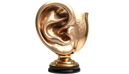 A stylized golden award shaped as an ear, with a decorative bowl-like structure