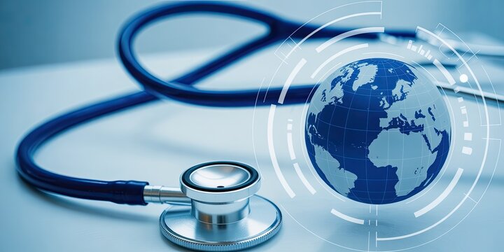 Global healthcare innovation with stethoscope and digital earth graphic - Powered by Adobe