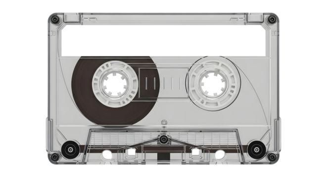 Vintage clear plastic audio cassette tape with spools and magnetic ribbon isolated on black background