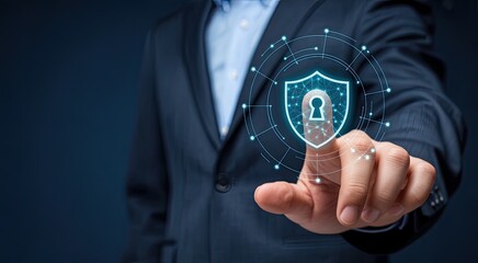 Professional businessman touches glowing digital shield for secure data protection