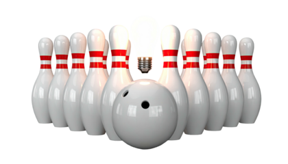 A bowling ball in front of bowling pins, one pin glowing like a lightbulb