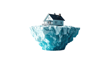 A small house perched atop a fragmented iceberg, with a deep black background