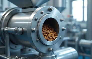 Fototapeta premium Close view of industrial food extruder machine preparing dry pet food pellets inside metal chamber. Automated process for dog meal production in a factory.