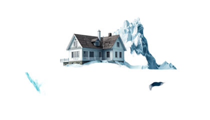 A house sits on snow near an iceberg, birds fly against a black backdrop