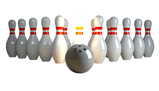 A 3D rendered image featuring a bowling ball and ten pins arranged in a classic setup