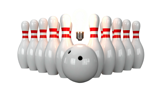 A bowling ball in front of bowling pins, one pin glowing like a lightbulb