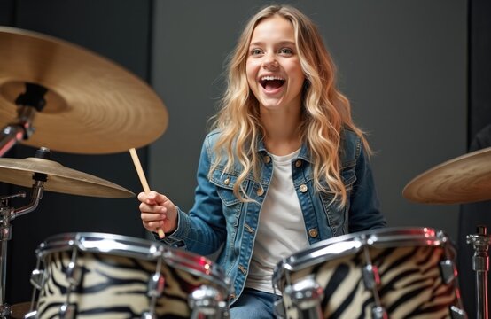 Young happy girl plays drums in recording studio. She wears denim jacket and smiles. Musical performance with percussion instruments and audio equipment.